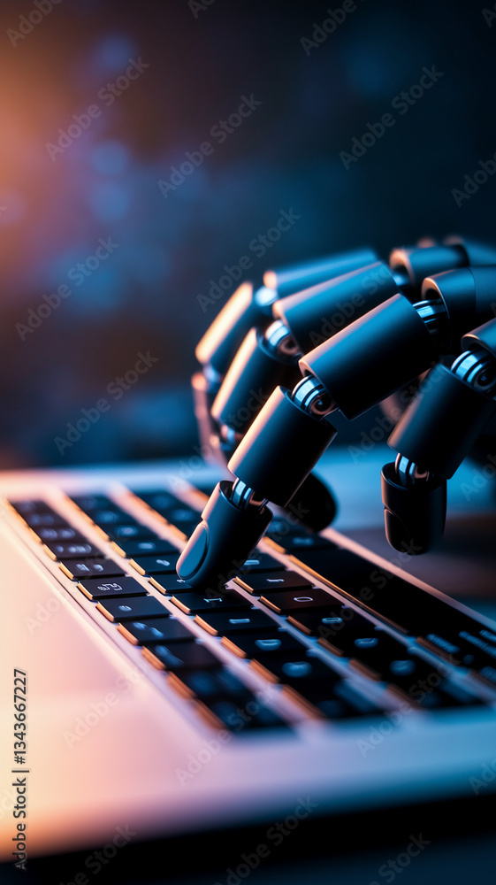 Poster robotic hand typing on laptop keyboard, illuminated by warm and cool light, showcasing technological