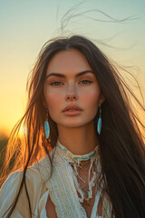 Fototapeta premium Young caucasian female at sunset with long hair and earrings