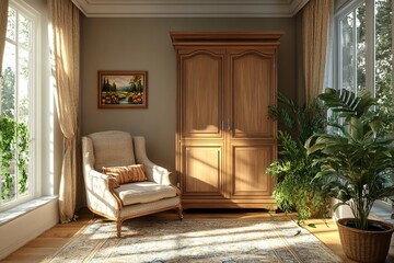 A bright living room scene with a wooden cabinet and comfortable armchair.