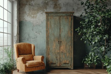 an antique cabinet and a comfy chair with a plant.