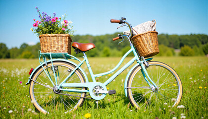 Fototapeta premium Vintage bicycle with flowers in basket, serene meadow backdrop