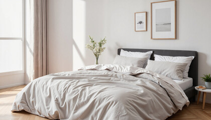 Obraz premium Elegant minimalistic bedroom featuring cozy bedding, tranquil comfort