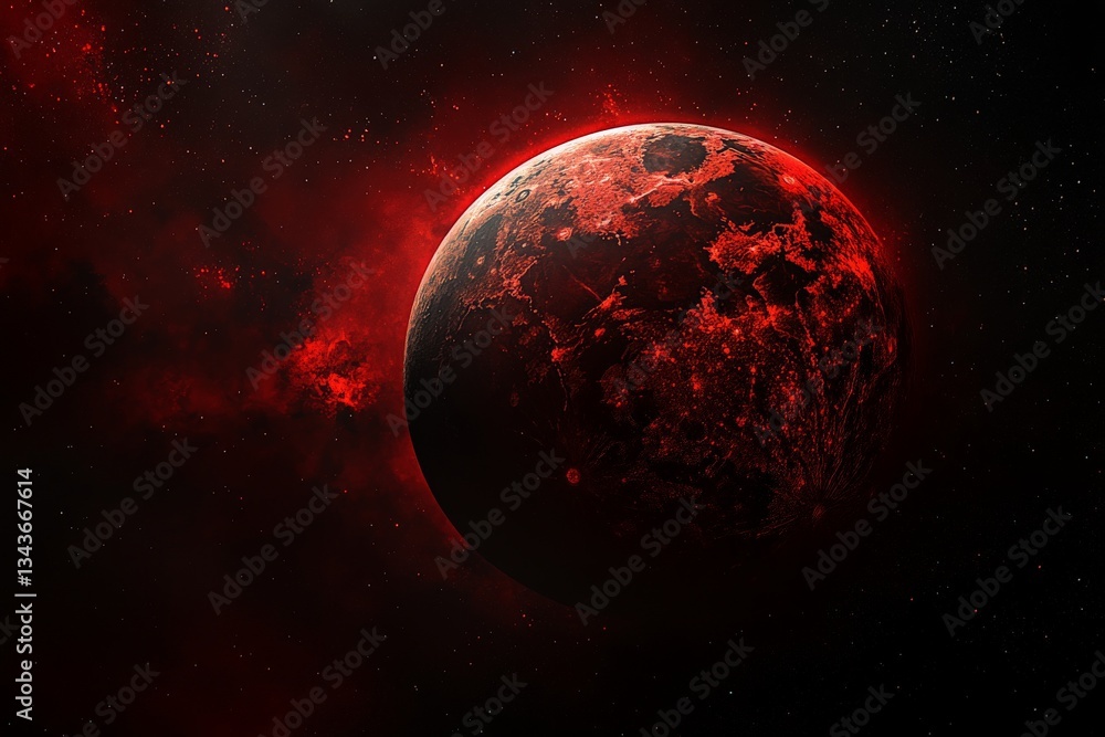 Poster red celestial body illuminated in a dark cosmic landscape with vibrant cloud formations and distant 
