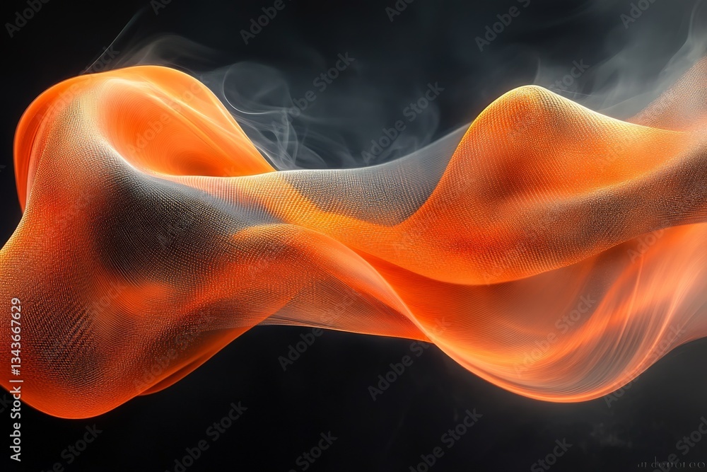 Poster Flowing orange and gray fabric creates an abstract pattern on a dark background showcasing movement and texture