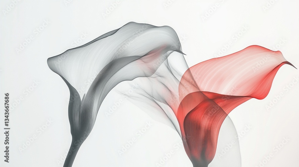 Poster Delicate layers of black and red fabric intertwine and billow softly, creating a mesmerizing dance of colors against a light backdrop that evokes feelings of tranquility and harmony