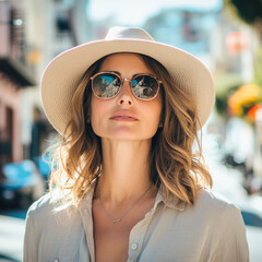 Fototapeta premium Confident young caucasian female in sunglasses and hat strolling urban street
