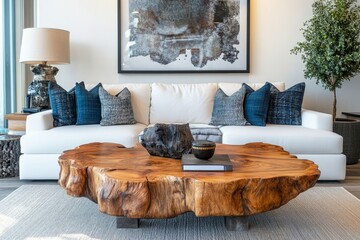 living room interior decor with a unique wooden table, white sofa and home accessories. Elegant living room featuring a centerpiece table, modern artwork, pillows and stylish lamps