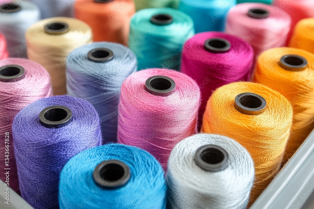 Poster colorful spools of thread organized neatly in a crafting storage container for sewing projects