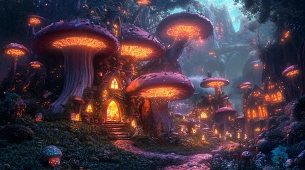 Obraz premium Enchanting Fairy Village in Giant Mushroom Forest - Magical Fantasy Illustration