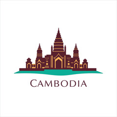 Obraz premium Vector style silhouette logo Cambodia illustration on white background. Geometric shapes, clean lines, warm terracotta and cool teal colors. Balanced, symmetrical, visually clear design.