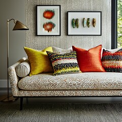 Stylish Modern Sofa with Colorful Throw Pillows and Abstract Wall Art in a Contemporary Living Room.