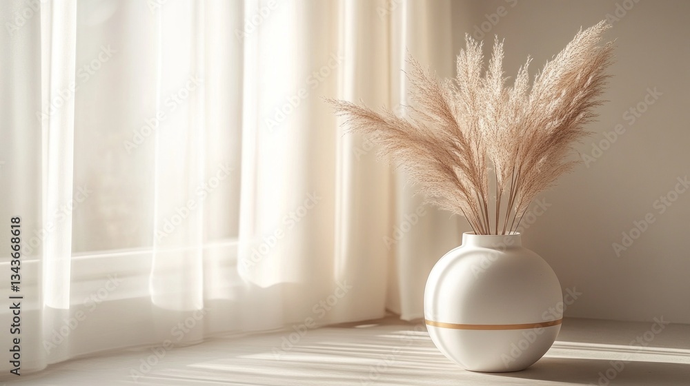 Poster Soft sunlight filters through sheer curtains, illuminating a simple yet stylish vase that holds delicate pampas grass. This tranquil setting evokes a sense of calm and elegance