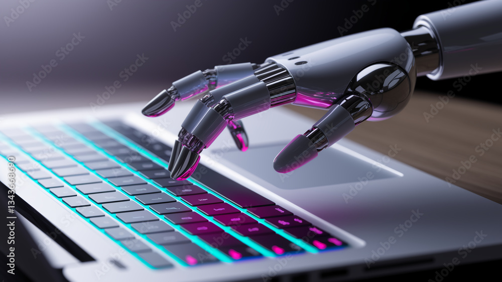 Poster robotic hand interacting with illuminated laptop keyboard, showcasing technological advancement and 