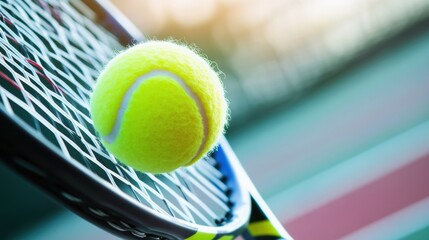 A close-up of a tennis ball hitting the net strings