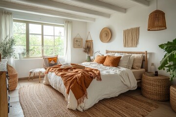 a cozy and inviting bedroom with natural light streaming through the window. The bed is made with comfortable bedding and pillows, and there are decorative items in the room