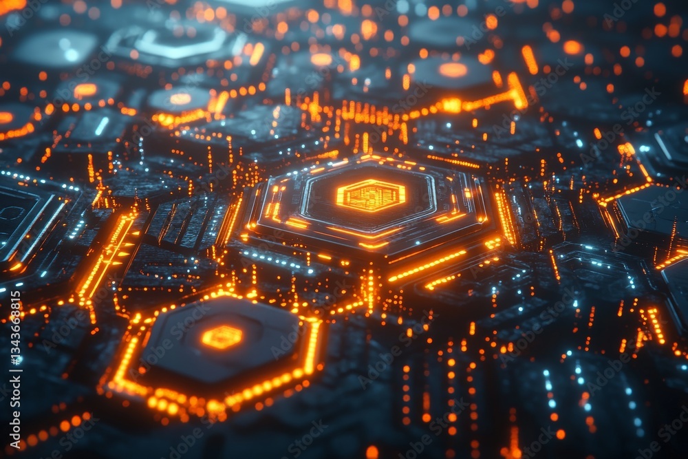 Aufkleber Intricate network of glowing circuits and hexagonal patterns illuminated in vibrant orange and blue tones
