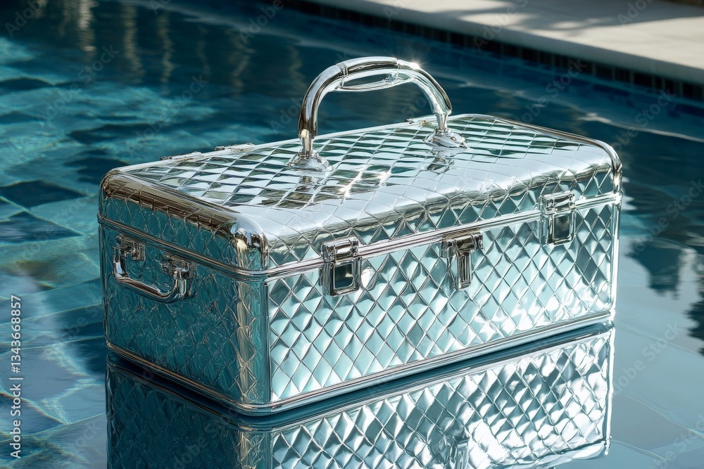 Poster stylish metallic suitcase rests by shimmering pool under bright sunlight in tropical setting