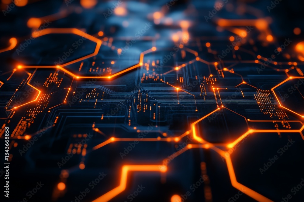 Poster Complex circuit board design featuring glowing nodes and pathways in a dark environment illustrating advanced technology