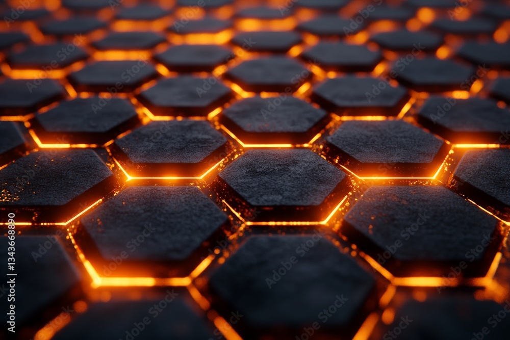 Aufkleber Hexagonal pattern with glowing edges in a dark setting showcases vibrant lava-like effects