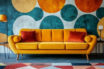 a stylish interior featuring a yellow sofa with decorative cushions and a vibrant wallpaper. The room is furnished with a lamp and a tiled floor