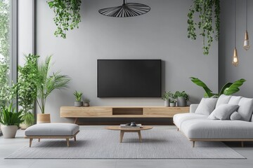 a modern living room, featuring a sofa and a television, seamlessly blending with nature's beauty. The room is adorned with lush plants and minimalist decor.