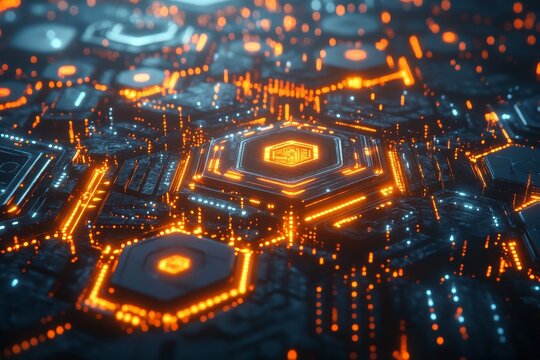 Intricate network of glowing circuits and hexagonal patterns illuminated in vibrant orange and blue tones