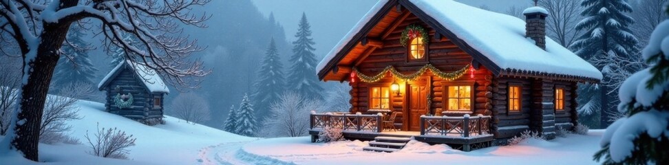 Rustic wooden cottage with snow-covered roof and festive decorations, festive decorations, wintery, wooden