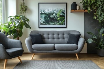 a modern living room with a gray sofa and green plants. There is a framed picture on the wall and the room is decorated with minimalist accessories