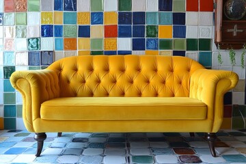 a yellow vintage sofa with tufted upholstery sits against a colorful tiled wall, creating a stylish interior design scene
