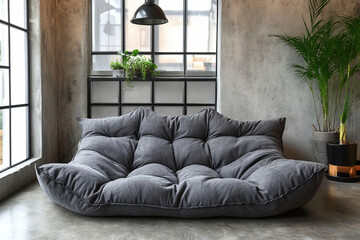 a modern grey sofa in a cozy living room interior, with large windows, and decorative plants. The sofa is comfortable-looking