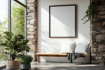 a modern interior design with an empty picture frame above a wooden bench, plants, and a large window 