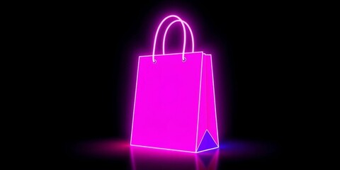 Neon pink & blue shopping bag glowing on black background, website, light