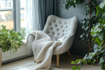 a cozy armchair by the window, draped with a soft blanket, creating a serene indoor scene