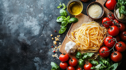 Overhead View Of Pasta Tomatoes Fresh Basil And Oil On Wooden Board With Dark Textured Background