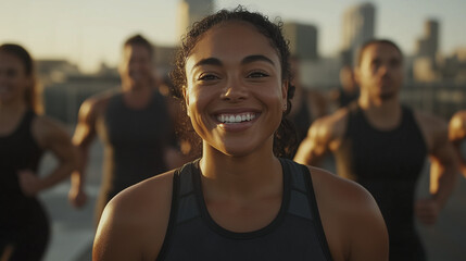 A diverse group of fit people doing a run in city, laughing, encouraging each other. 