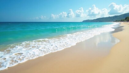 Fototapeta premium Serene ocean waves gently lap at the shore of a pristine sandy beach, horizon, calm