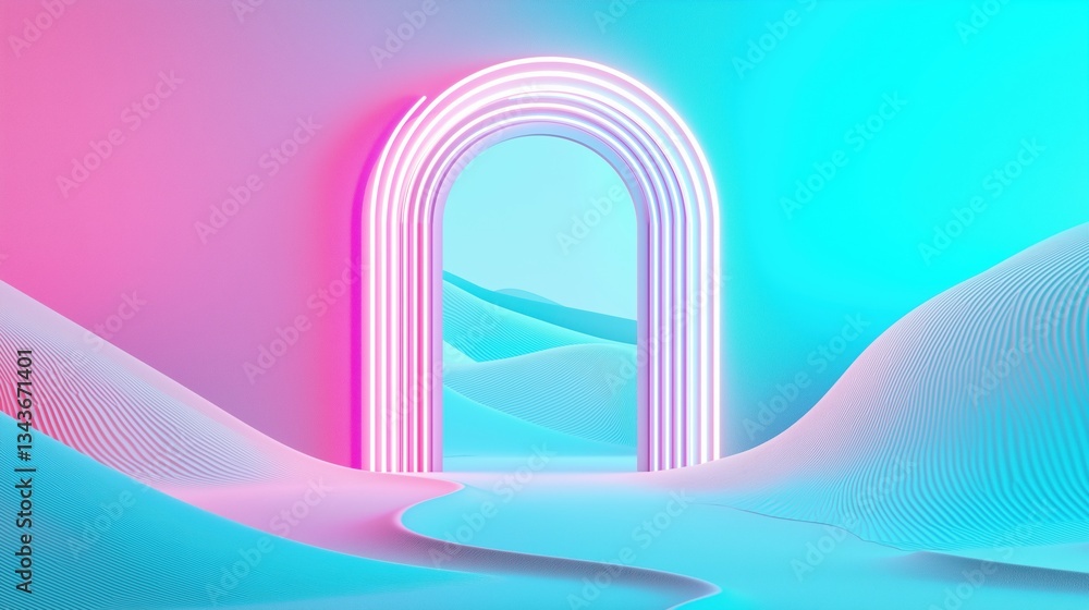Poster abstract digital art piece that appears to be a 3d rendering of a tunnel or archway. the background 