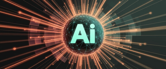 Abstract digital sphere with "Ai" lettering, surrounded by radiating lines, representing artificial intelligence, technology, and data flow