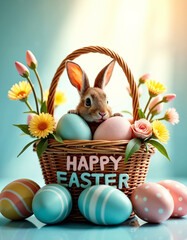 AI generation of small cute hare in the basket with decorated eggs among spring flowers