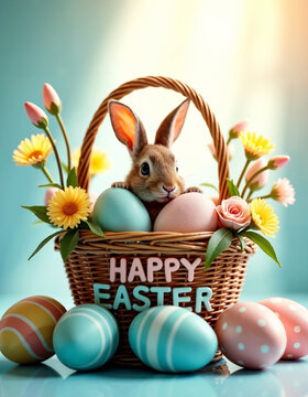 AI generation of small cute hare in the basket with decorated eggs among spring flowers
