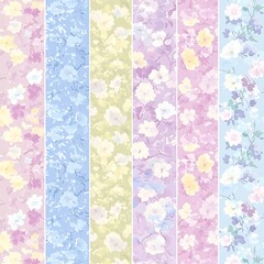 Pastel Floral Seamless Pattern Collection Six Delicate Flower Designs for Textile and Wallpaper.