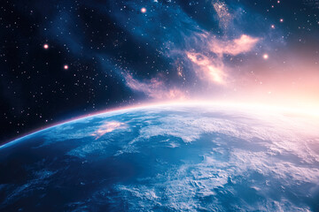 Fototapeta premium Stunning cosmic view of earth at sunrise with starry sky and nebula clouds