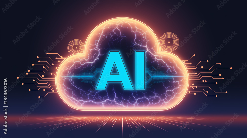 Poster ai symbol within a glowing cloud-shaped frame, surrounded by circuit lines, representing artificial 