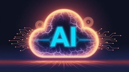 AI symbol within a glowing cloud-shaped frame, surrounded by circuit lines, representing artificial intelligence, technology, and innovation