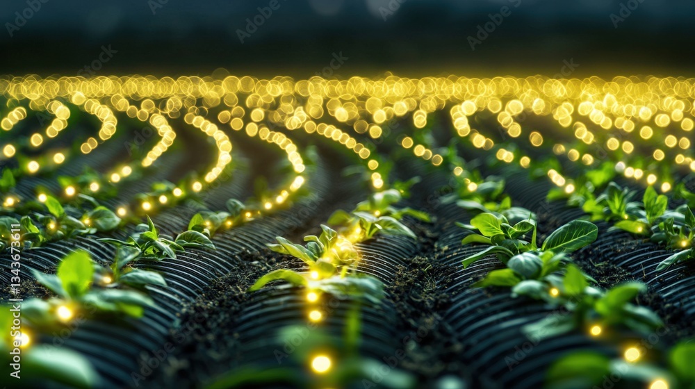 Aufkleber rows of vegetables arranged in a wave pattern, transforming into a light show.