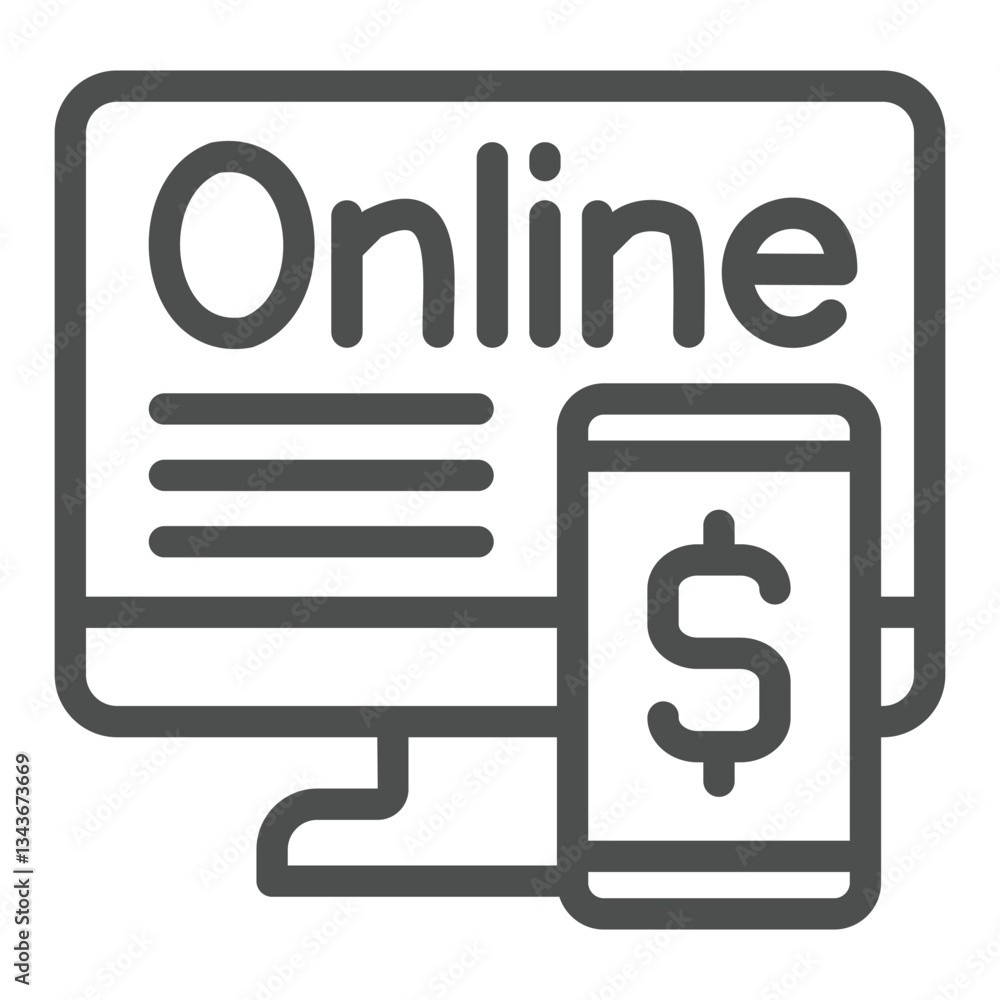 Aufkleber monitor screen with online app line icon, bank account concept. vector graphics. display and smartph