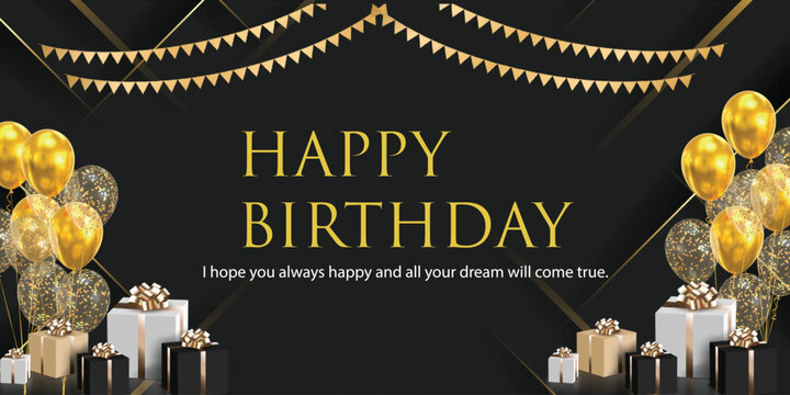 Happy Birthday background design. Happy birthday to you greeting text with elegant gift boxes and gold ribbon birth day party elements for celebration card design.