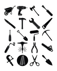 Set of Various Black Silhouettes of Worker Tools and Equipment