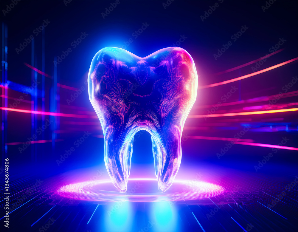 Poster vibrant digital representation of a tooth, showcasing futuristic design in a neon-lit environment