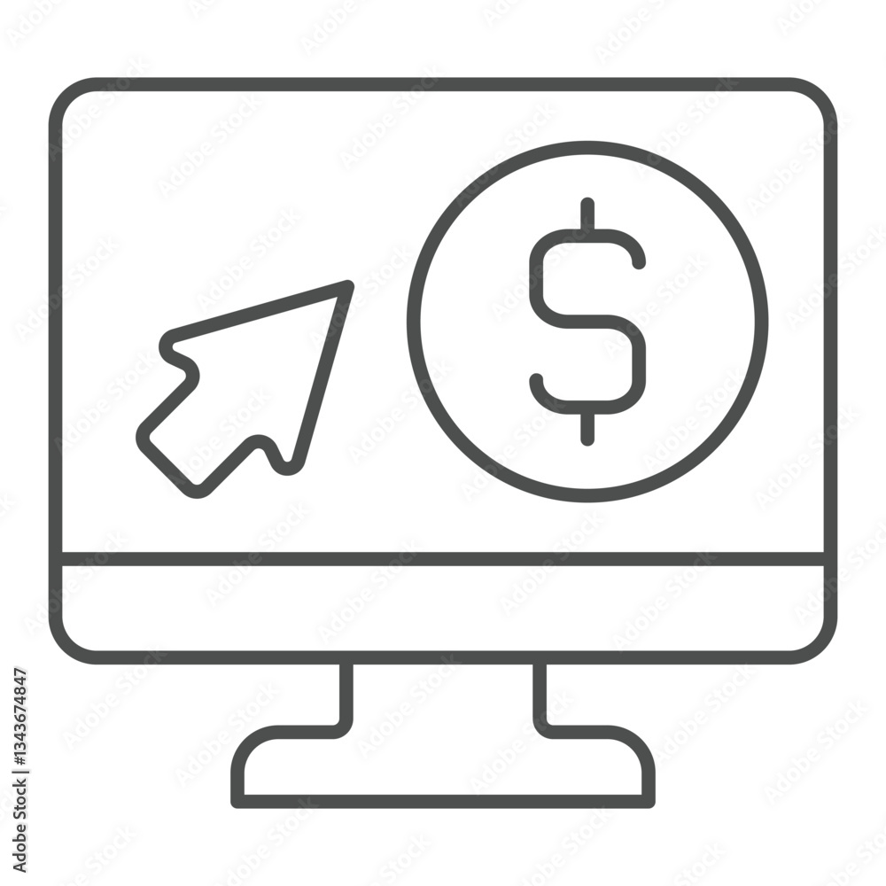 Poster screen with dollar and cursor thin line icon, bank account concept. vector graphics. monitor with co